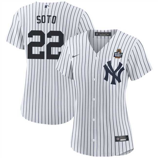 Womens New York Yankees #22 Juan Soto White 2024 World Series With Name Cool Base Stitched Jersey Dzhi